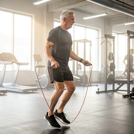 senior man doing release mic with jump rope in gym